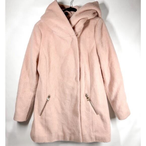 Guess Wool Blend Coat Womens Large Soft Pink Fuzzy Hooded Jacket Peacoat - Picture 1 of 9